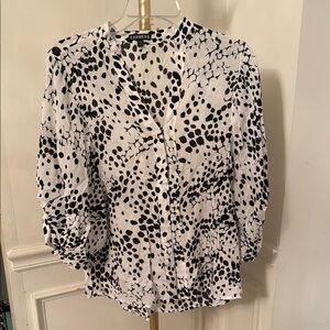 Express Women's Spotted Black and White Blouse with Bat Wing Balloon Sleeves